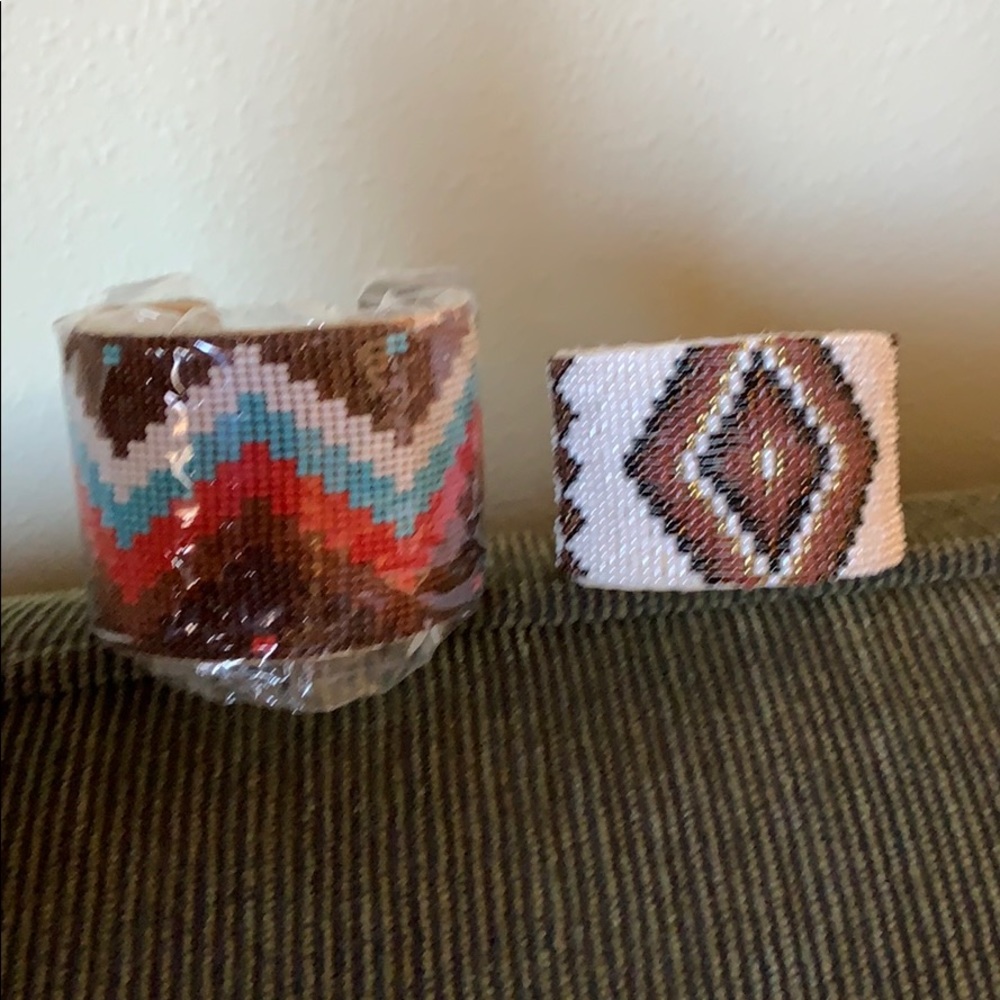 Set Two Beaded Wide Cuff Bracelets Southwest Brown
